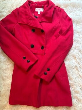 Jessica Simpson Girls Bright Red Double-Breasted Peacoat with Black Buttons